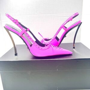 NEW VERSACE PINK LEATHER CORSET POINTED SLINGBACK HEELS SIZE 7